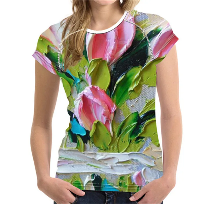 FORUDESIGNS/футболка с цветочным принтом и 3D масляными красками футболки для женщин