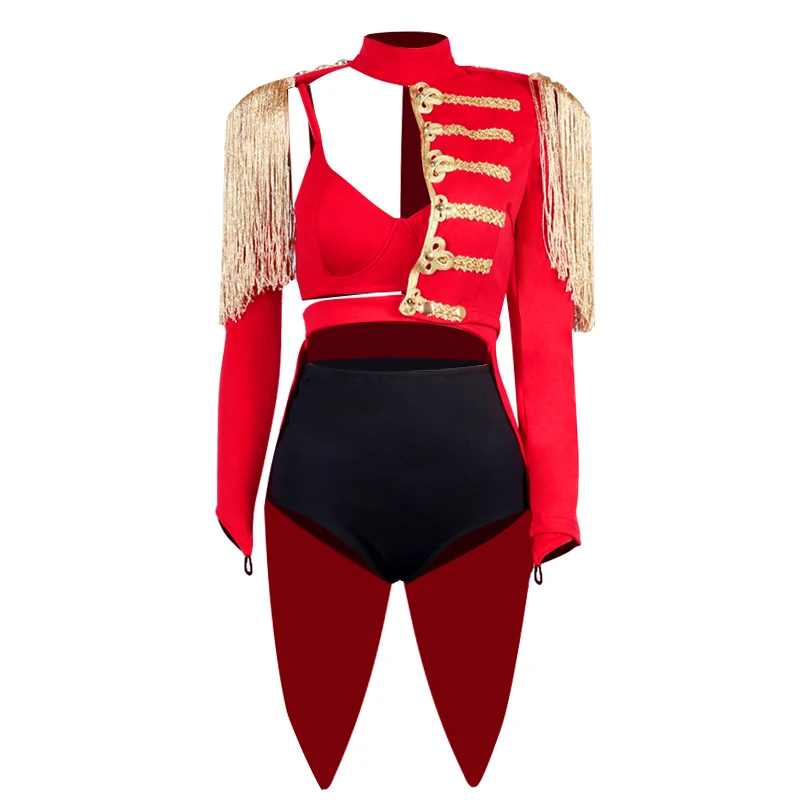 Сексуальный костюм для джазовых танцев красный DS с кисточками ночного клуба GoGo