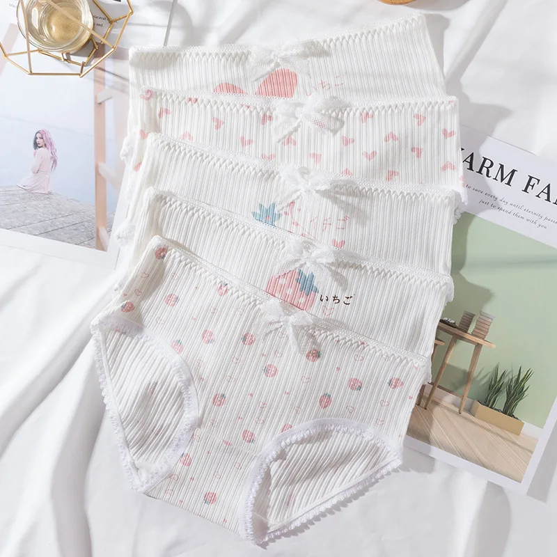 

Roseheart New Women Fashion White Cotton Mid Lace Bow Waist Panties Underwear Lingerie Underpants Briefs Seamless M L XL