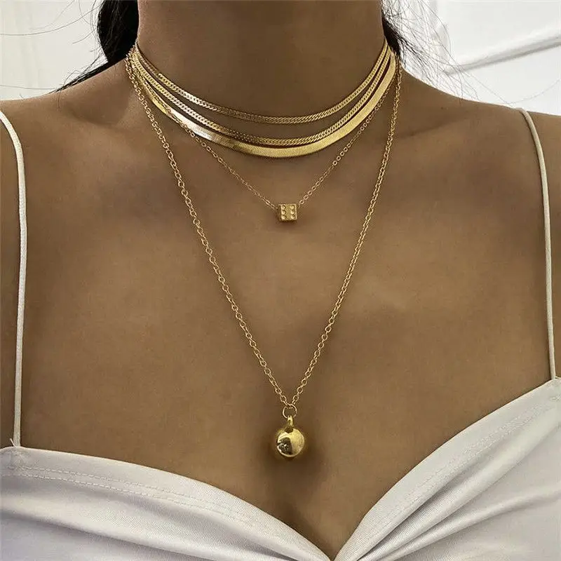 

Punk Necklaces Small Ball Square Snake Chain Jewelry Metal Pendant Multi Layered Gold Color Choker Necklace