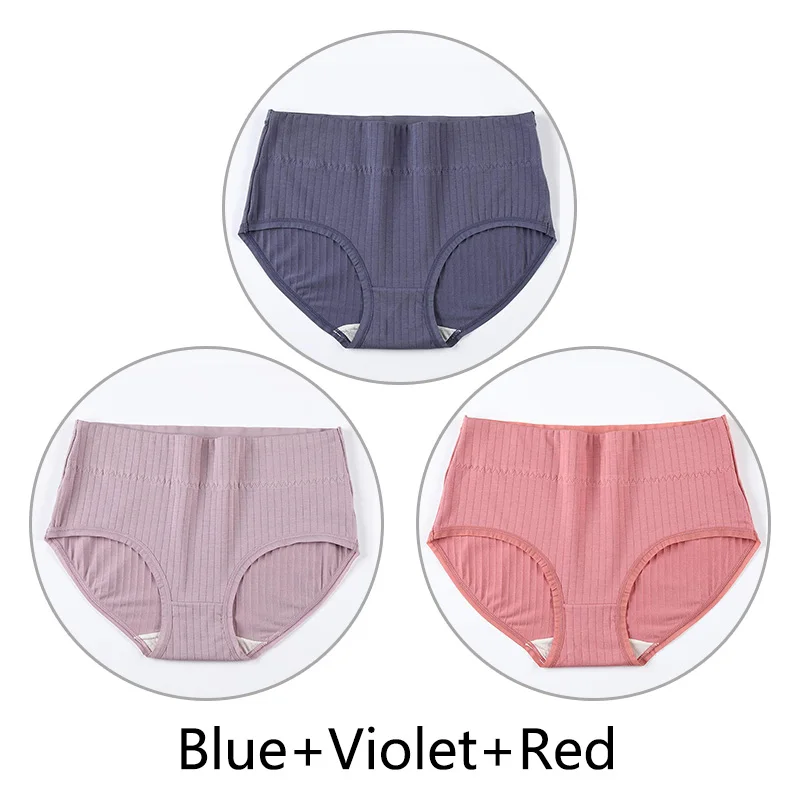 Blue Violet Red 3 шт. Трусики с высокой талией женские Натуральные Шелковые антибактериальные промежности 4XL Большие размеры трусы мягкие дышащие размер плюс нижнее белье бесшовные - Цвет: Blue Violet Red