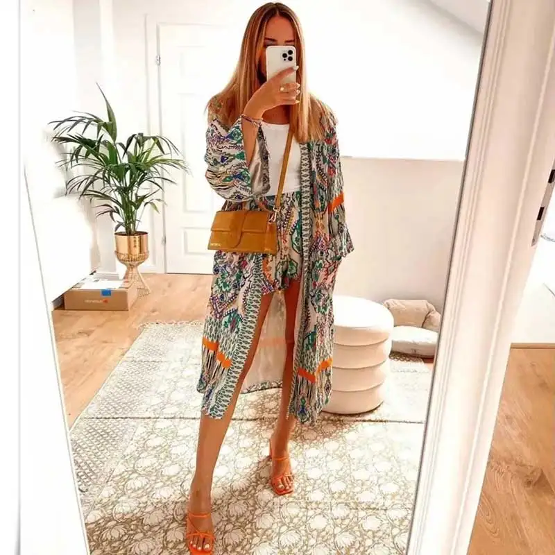 Блузка Женская Длинная с принтом карманы рукав-кимоно пляжный летний кардиган в