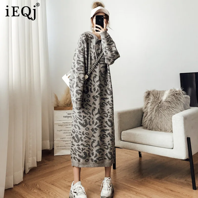 

Осень-зима 2021, новое вязаное платье IEQJ, женские свободные платья с длинным рукавом и леопардовым принтом, женская модная одежда 3W800