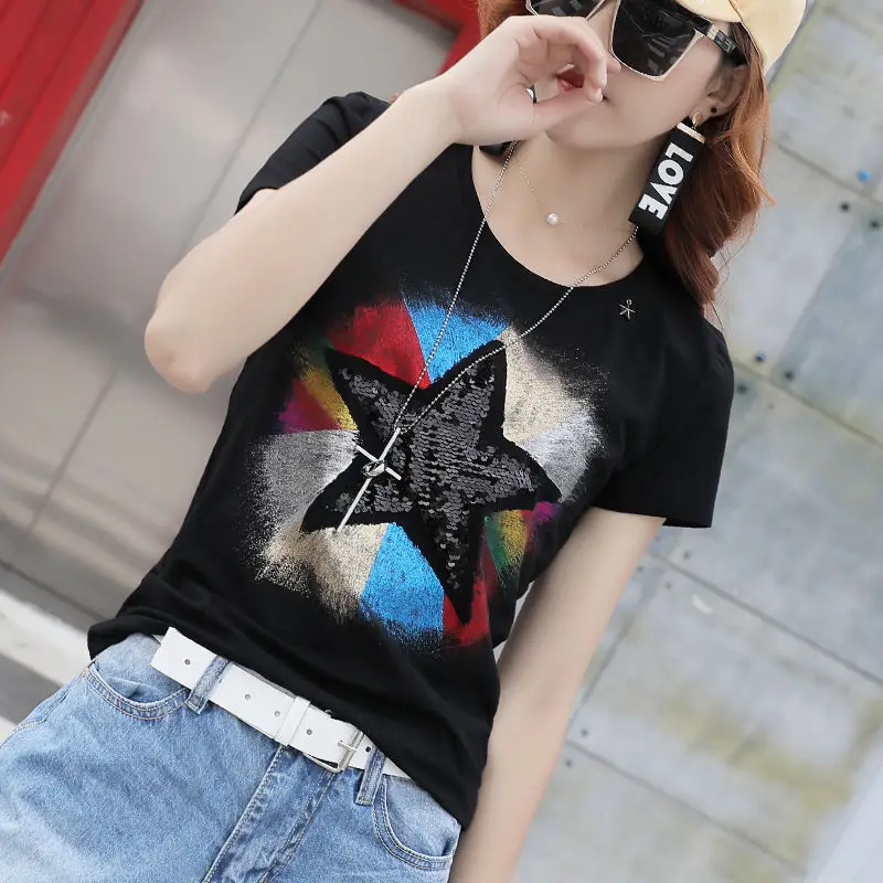 

Early spring fashion 2020 summer fashion heavy industry star Sequin short sleeve T-shirt slim top