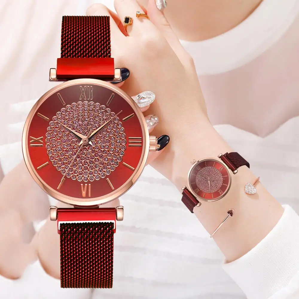 Новые Роскошные Алмазные женские модные красные часы кварцевые наручные для