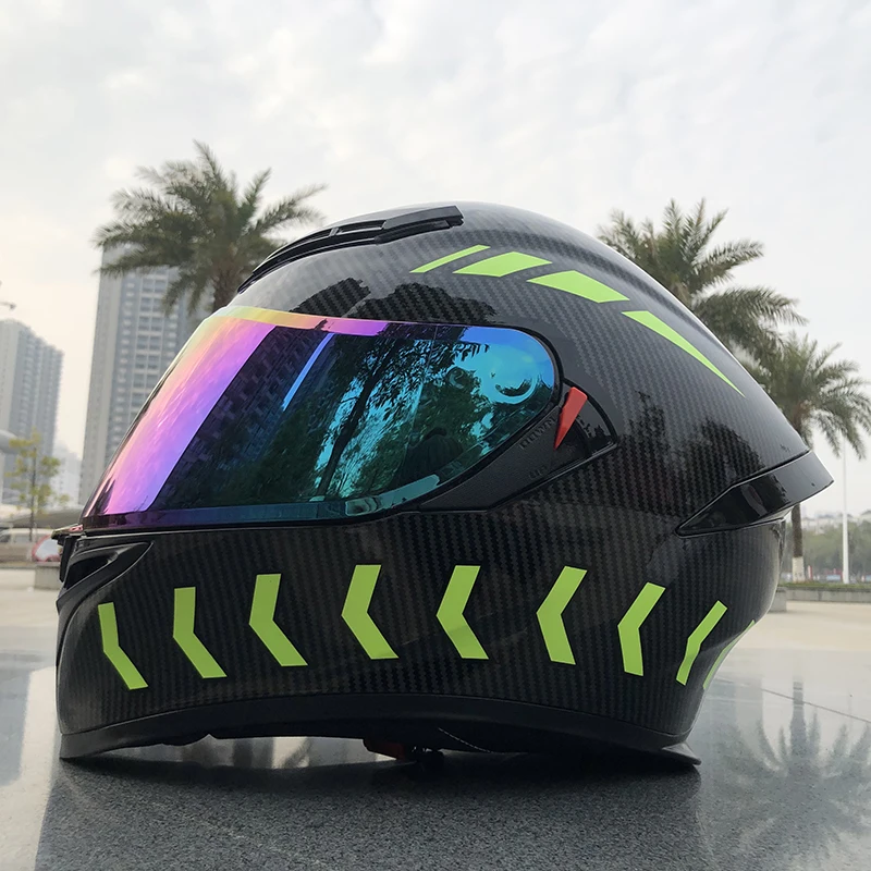 

New Arrival Full Face Motorcycle Helmet Fluorescent Carbon Fiber Pattern Double Visor Motorcycle Helmet With Inner Sun Visor
