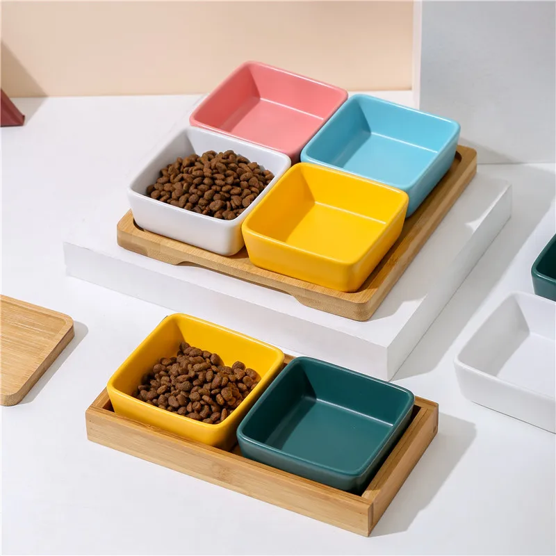 

Square cat bowl ceramic cat kitten and puppy suitable food utensils with wooden tray to protect the cervical spine cat food bowl