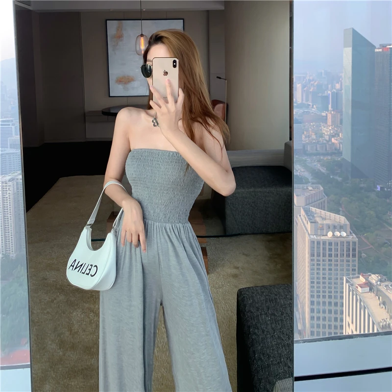 

Modal Tube Top Jumpsuit Loose Casual High Waist Was Thin Draping Straight Wide Leg Pants Trousers long jumpsuit women elegant