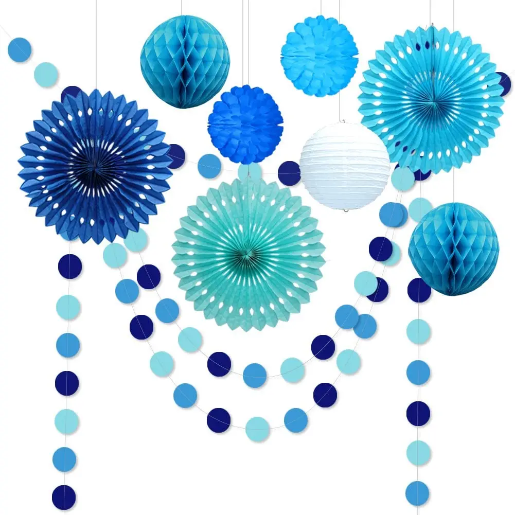 

Under The Sea Theme Blue Party Decorations Circle Garland Paper Fan Flower Tissue Pom Poms Hanging Decor Ocean Beach Baby Shower