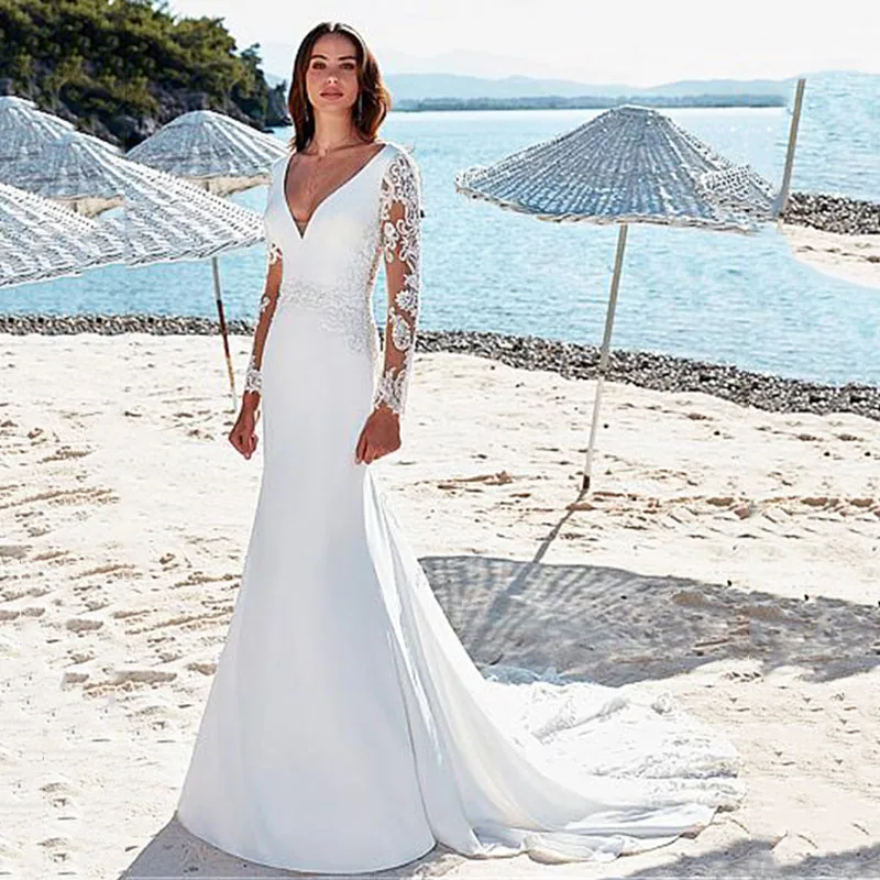 

Elegant Boho Satin Wedding Dresses Beach Illusion Long Sleeve Bohemian Bridal Wedding Dress Bride Mermaid Wedding Gowns 2019