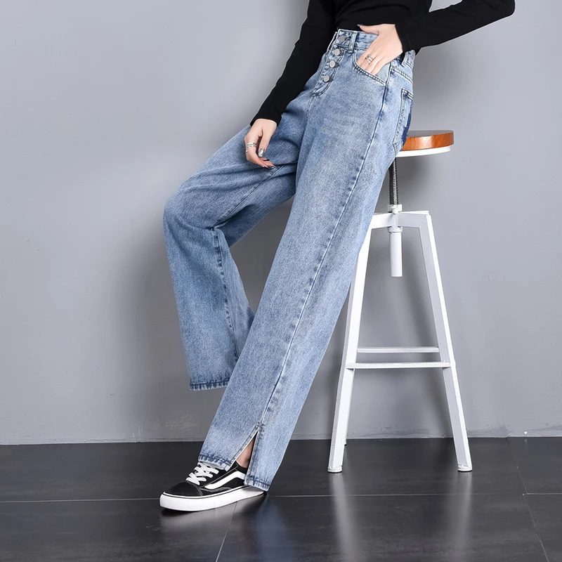 

Vintage High Waist Button Close Split Hem Loose Wide Leg Straight Long Jeans for Women S M L XL 2XL