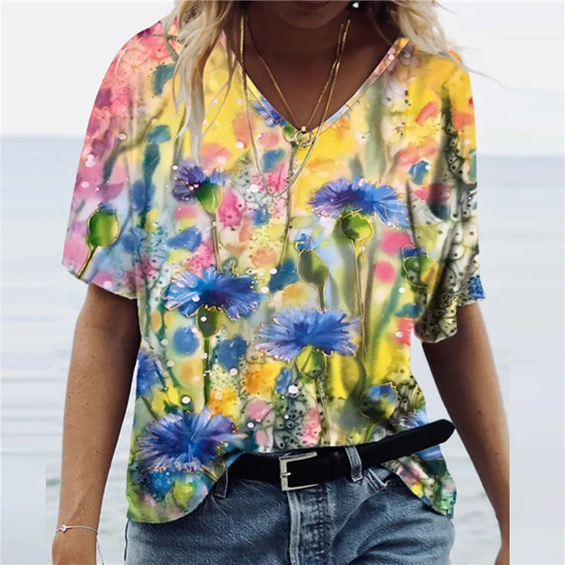 

New T-Shirts Women Short Sleeve Gradient Print Tops Summer Lady Casual Tie-dye Tee Big Size Loose Female V-Neck T-Shirt 3XL Top