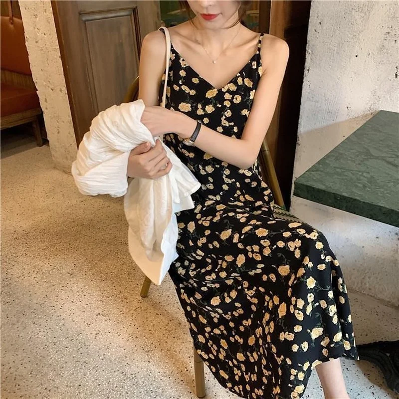 

Sleeveless Dress Women Print Elegant Chic Fashion Korean Sweet Womens Clothes Spaghetti Strap Loose Vintage All-match Streetwear