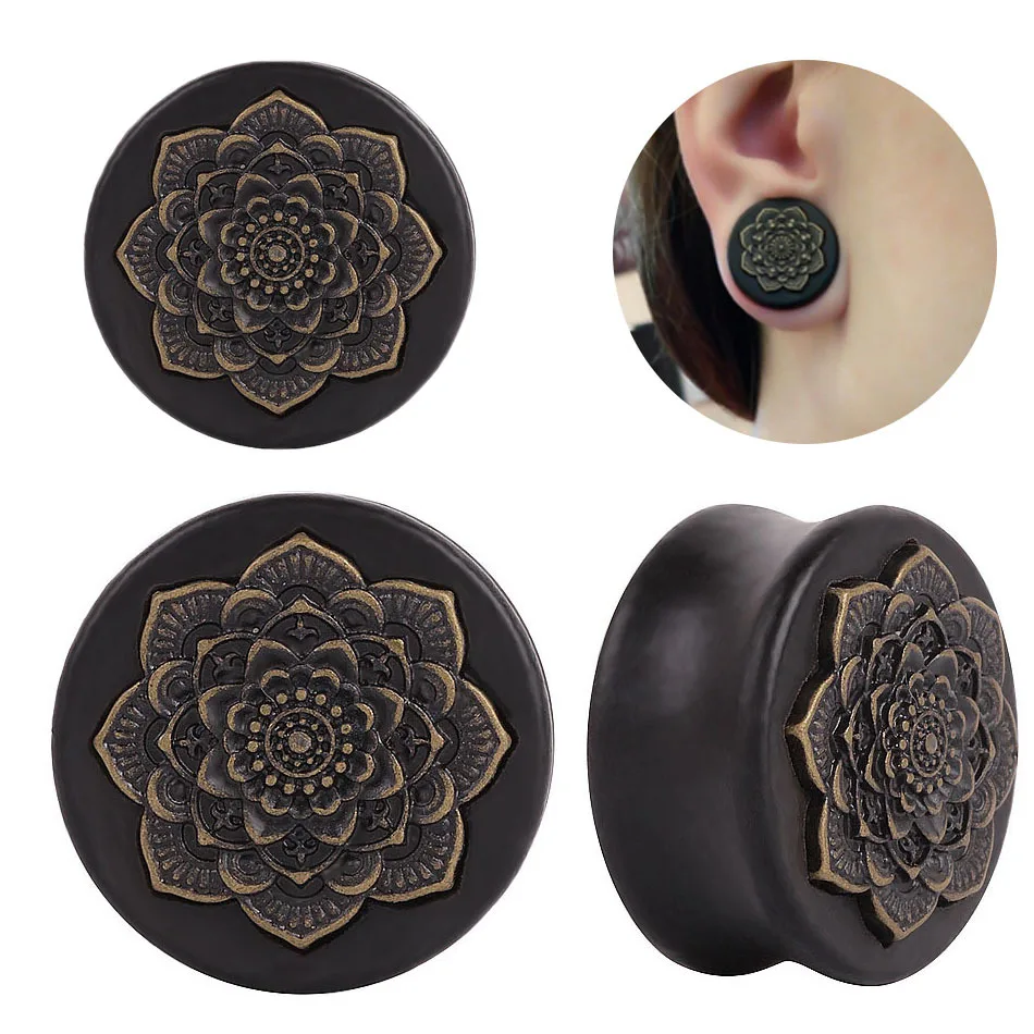 

New Style 2PCS Black Natural Wood Mandala Flower Ear Plugs Tunnels Ear Expanders Earring Gauges Piercing Plug Ears Body Jewelry