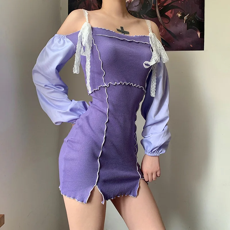 

2021 Spring and Autumn Summer New Fashion y2k Word Shoulder Puff Sleeve High Waist Bag Hip Thin Sexy Cute Women's Dress