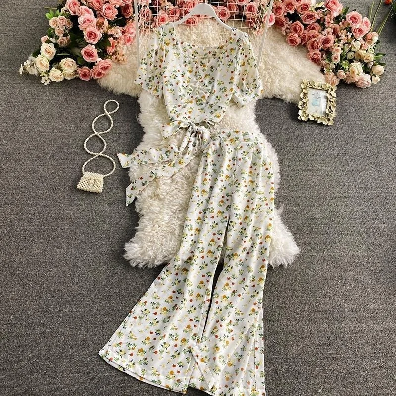 

Boho Two-Piece Set Women Print Square Collar Crop Top and High Waist Wide Leg Pants Suits 2 Piece Sets Fashion Lounge Wear Y942
