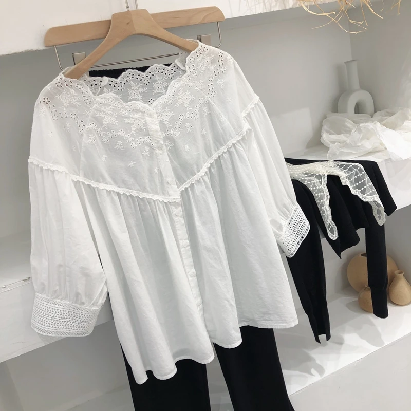 

Feminine V-neck hollow out embroidery white cotton single breasted shirt blouse lolita sweet