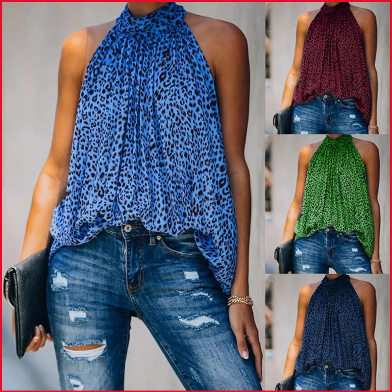 

Sexy Off Shoulder Leopard Print Chiffon Blouse Women Summer Casual Sleeveless Halter Loose Ruffle Shirts Female Vest Tank Tops