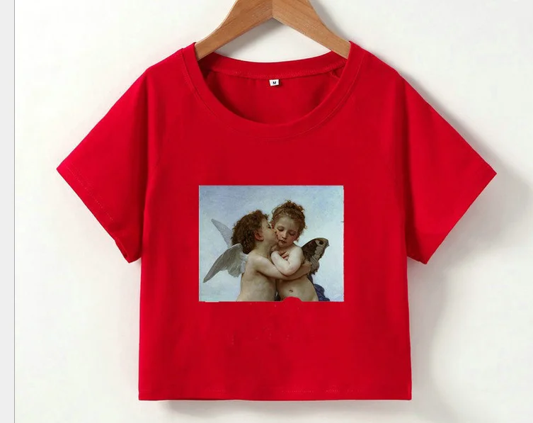 

Women Summer Crop Top Adults Slim Fit Angel Print Short Sleeve Round Neck T-shirt