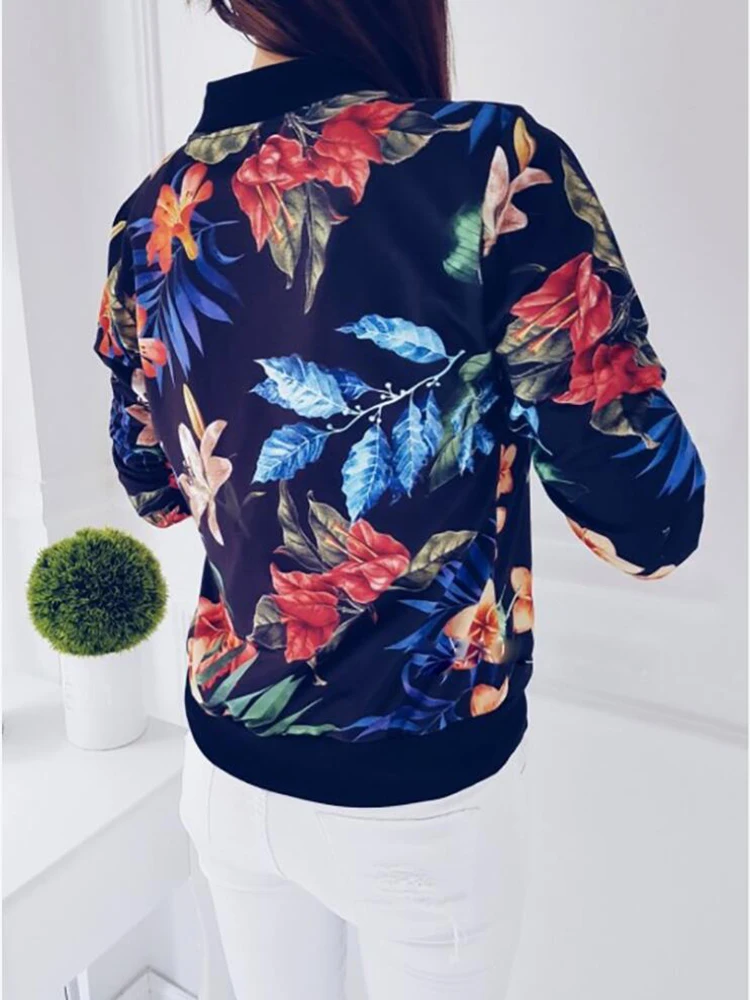 

Autumn Winter Print Bomber Jacket Women Flowers Zipper Up Retro Coat Long Sleeve Basic Plus Size Short Jackets Female