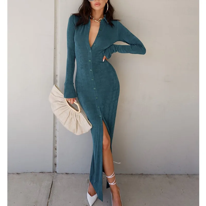 Early Autumn New Women's High Waist Knitted Long Sleeved Turn-down Collar Single Breasted Cardigan Long Dress Solid Split Dress