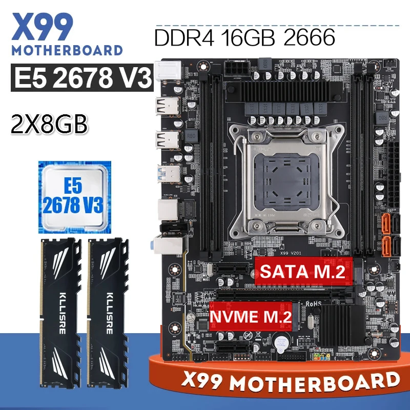 Комплект материнской платы Kllisre X99 LGA 2011-3 процессор Xeon E5 2678 V3 2 шт. X 8 ГБ = 16 2666 МГц