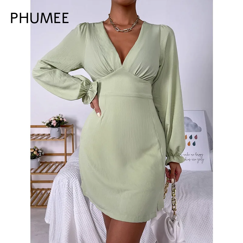 

Women Elegant Straight V-neck Flounce Sleeve Solid Dress Spring Fall 2022 Clothes Casual Long Sleeve High Waist Slit Mini Dress