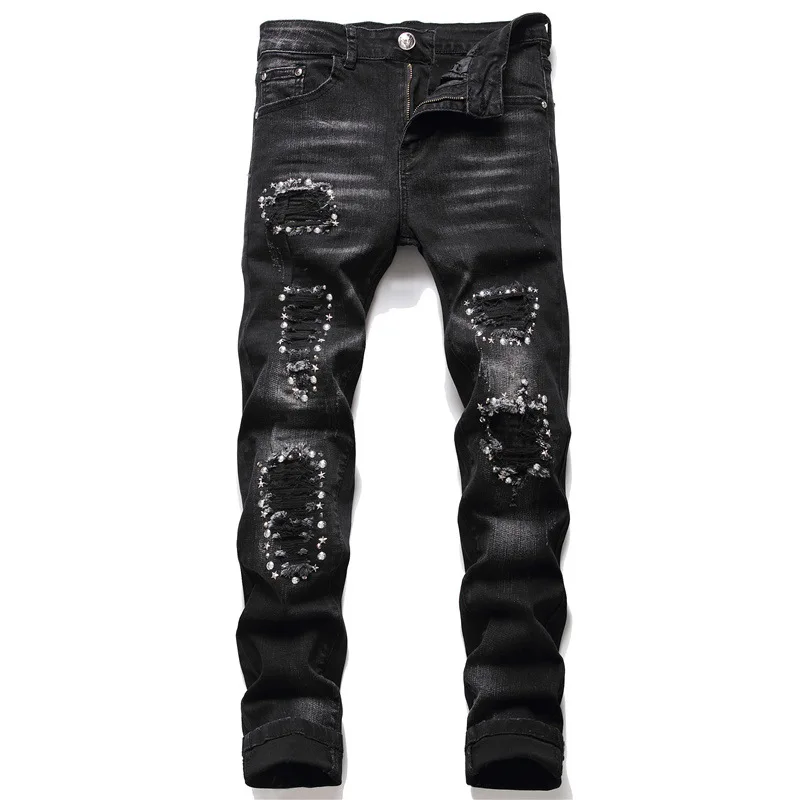 

New Fashion Men's Black Ripped Jeans Men Stretch Knee Studs Hole Patch Jeans Autumn Winter Pantalon Hombre Casual Denim Pants