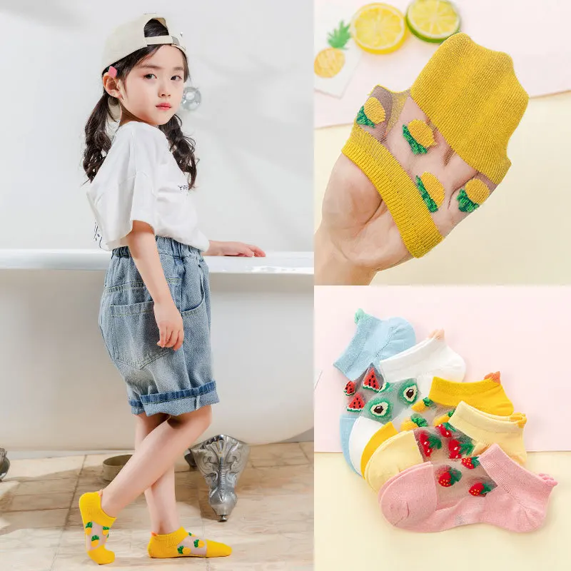 

10 шт./5 пар, детские носки дышащие спортивные носки для мальчиков и девочек тонкие хлопковые носки-башмачки унисекс с фруктами и ледяным шелк...