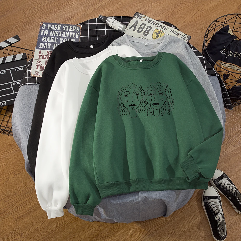 Autumn Loose Hoodies Sweatshirts Womens Art Line Face Printing Oversize Crewneck Sweetshirts Winter Clothing Fluffy Jacket Women
