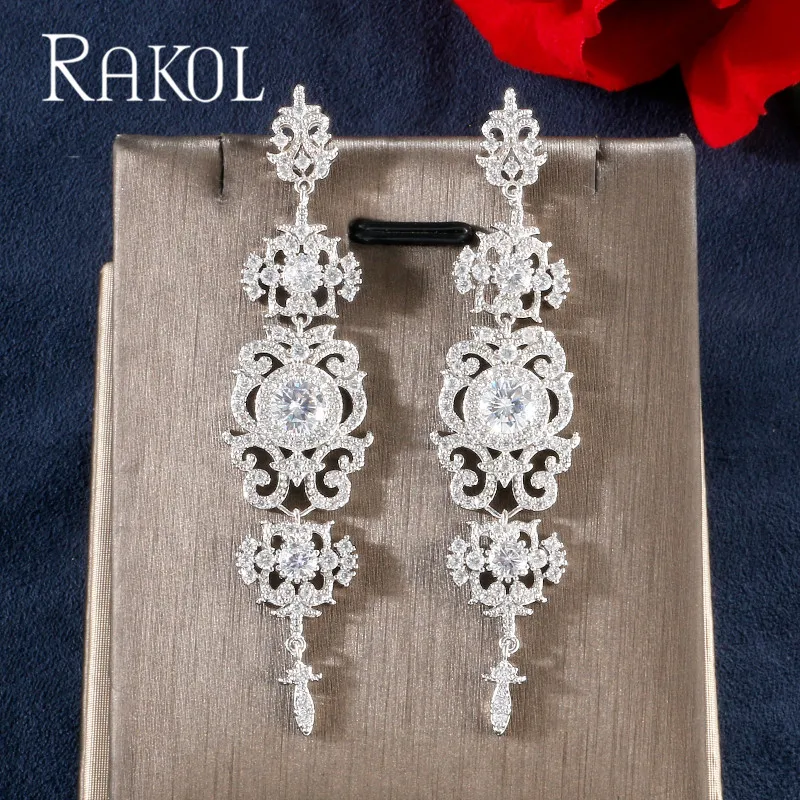 RAKOL Роскошные AAA кубический циркон цветочный узор длинные свадебные серьги для женщин девушка свадебное платье ювелирные изделия аксессуары RE62311K