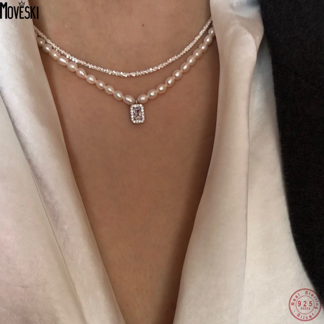 

MOVESKI 925 Sterling Silver Natural Freshwater Pearl Water Drop Cube Inlaid Zircon Necklace Women Romantic Wedding Jewelry