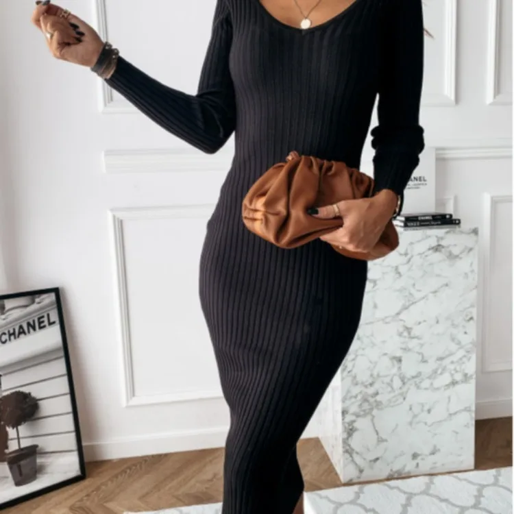 

Fall / winter 2020 dress V-neck solid long sleeve pit stripe dress for women