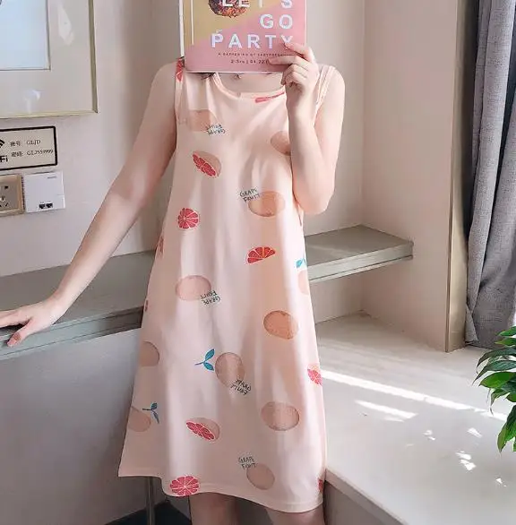 Женская ночная рубашка летнее Хлопковое платье-майка без рукавов Студенческая