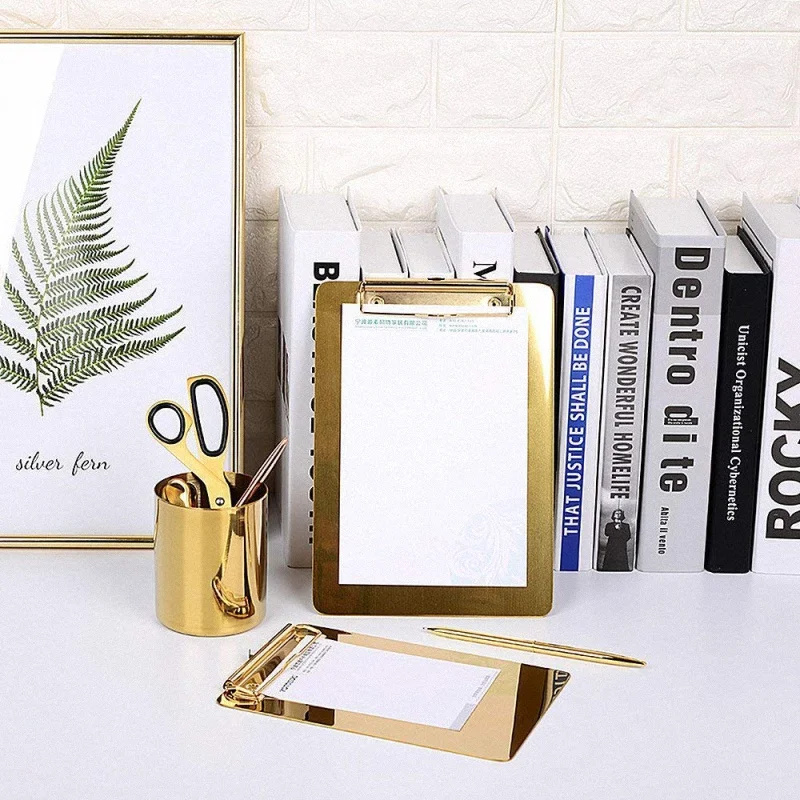 

A4 Clipboard Gold Stainless Steel Metal Legal Pad Menu Writing Pad Office Organiser with Hanging Hole