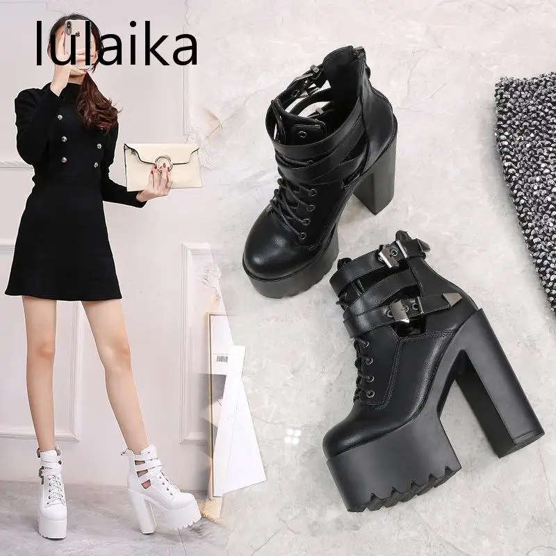 2020 Модные осенние женские кожаные короткие сандалии на платформе 15 см с пряжкой и