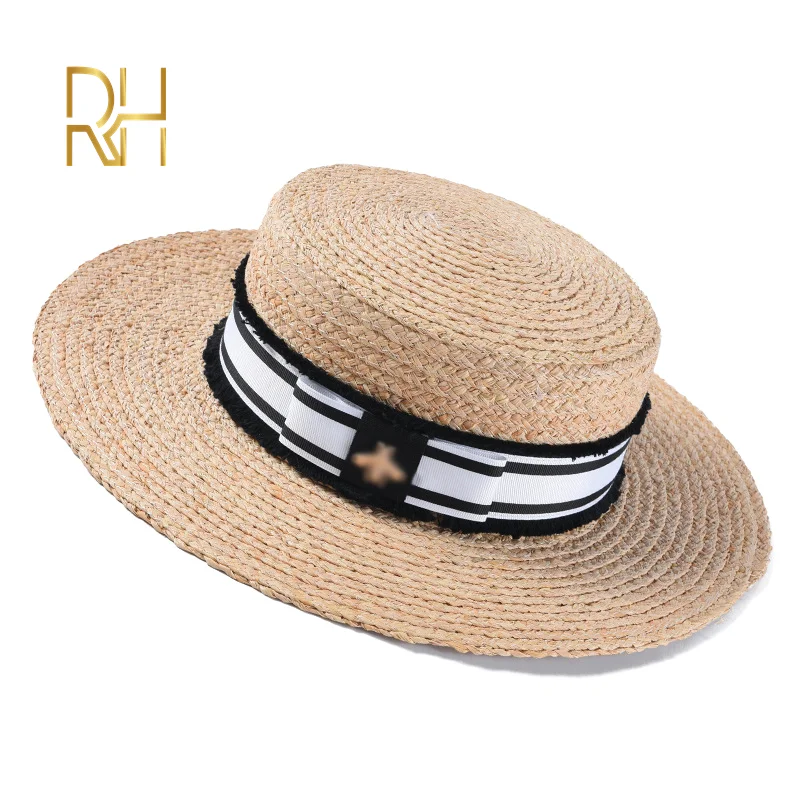 RH женские летние Козырьки с бантом соломенная шляпа из рафии плоским верхом