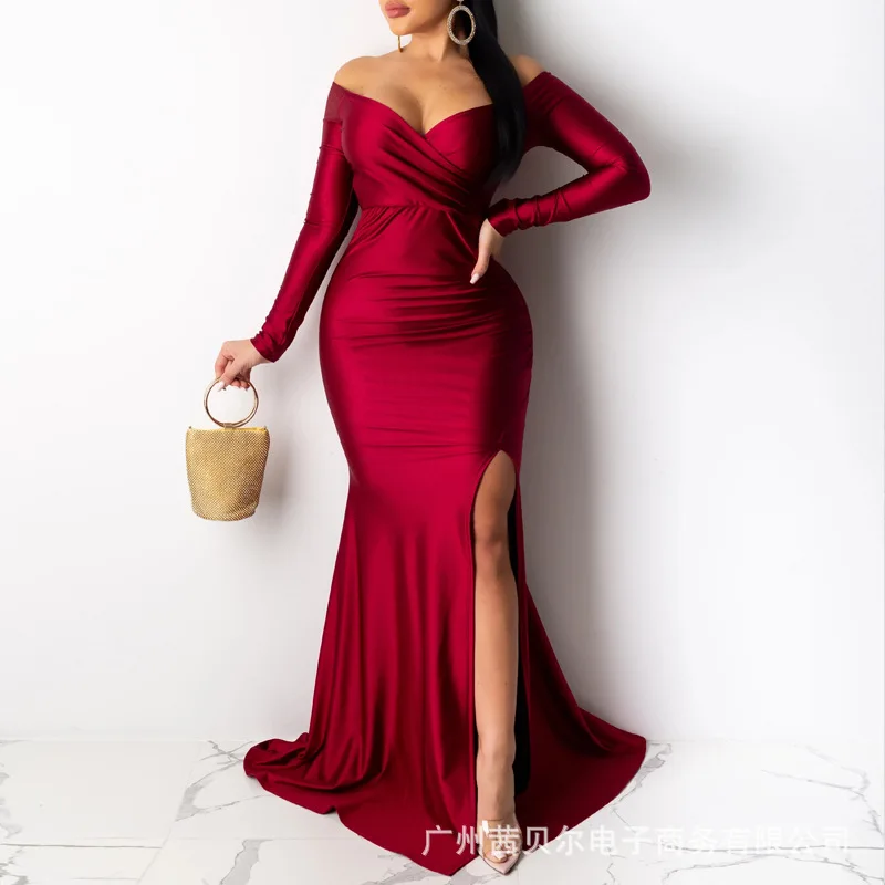 

WEPBEL Burgundy Slash Collar Dresses Women Sexy Party Split Dress Long Sleeve High Waist Bodycon Solid Color Fashion Dress