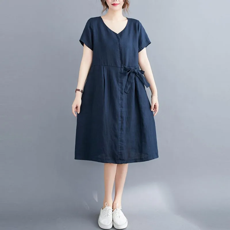 

Women Cotton Linen Casual Dress New Arrival 2021 Summer Simple Style V-neck Solid Color Loose Female Knee-length Dresses S3157