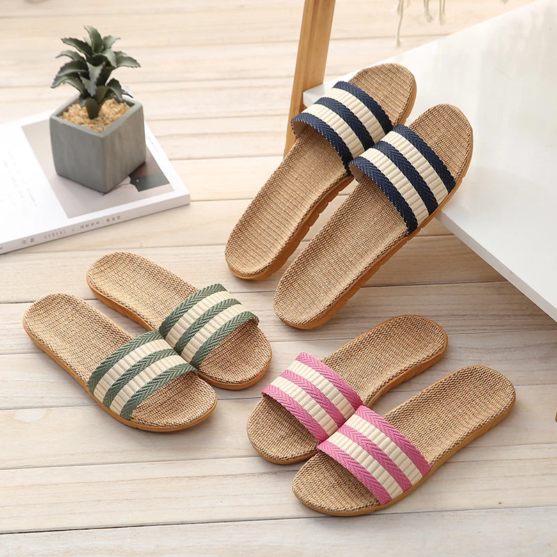 

Four Seasons Men Home Non-Slip Flat Shoes Women's Linen Slides Couple Light Slippers Unisex Soft Sandals Ladies Flax Flip Flops