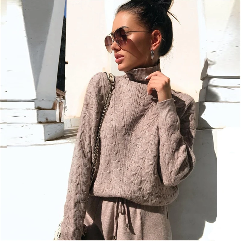 

Turtleneck Pullover Sweatshirts Knit Pants Suit Two Piece Sets Women Autumn Winter Warm Knitted Tracksuit Sporting Suit Female