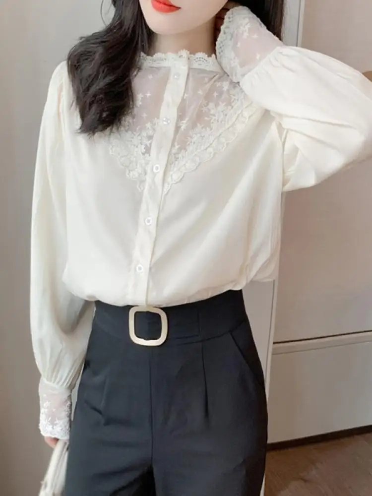 

Spring And Autumn New Ladies Pure White Feeling Niche Dress All-Match Casual Bottoming Shirt Tops Lace Chiffon Shirt
