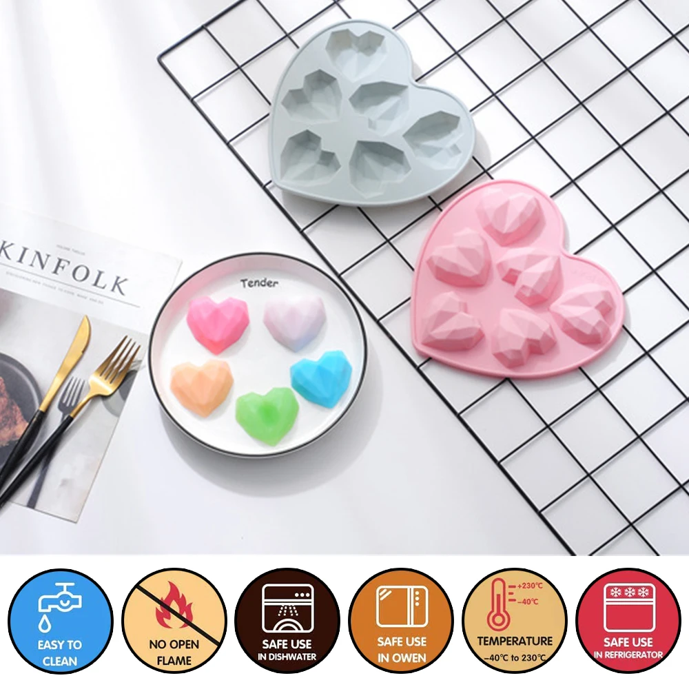 

6/9/10 Cavity 3D Diamond Love Heart Silicone Soap Molds Fondant Moulds for Chocolate Cake DIY Dessert Decoration Baking Tools