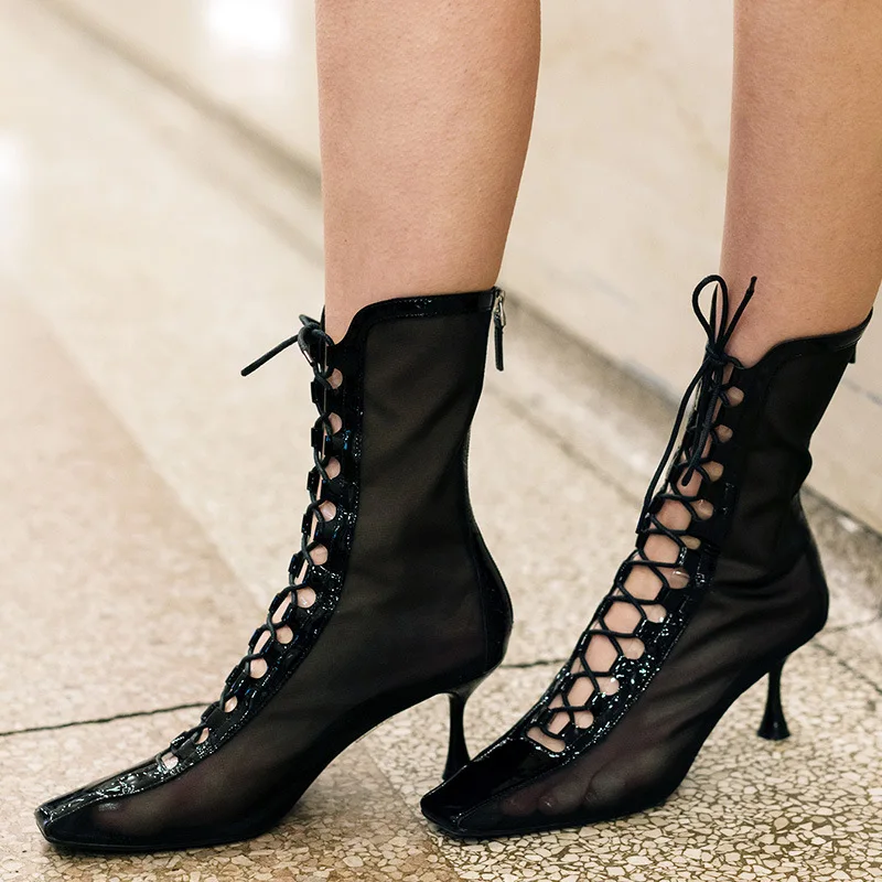

New boots women's autumn hollow out and breathable SANDALS thin heel medium gauze high heel sandals lace