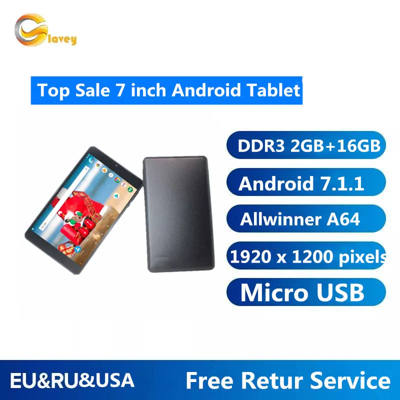 Android 7.1.1 Лидер продаж 7 дюймов A64 Cortex A53 DDR3 2 ГБ + 16 Гб Камера 1920x1200 IPS мультитач Quad Core WI