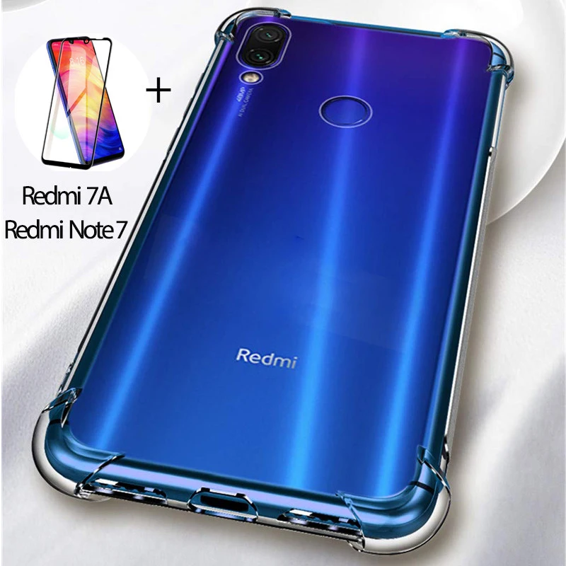 2-в-1 закаленное стекло + чехол для Redmi 7A Note 7 Защитный Чехол подушки силиконовые