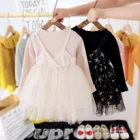 Платья для новорожденных девочек, модное осенне-зимнее платье для маленьких девочек в стиле пэчворк с рисунком звезд, наряды из тюля с круглым вырезом и длинным рукавом