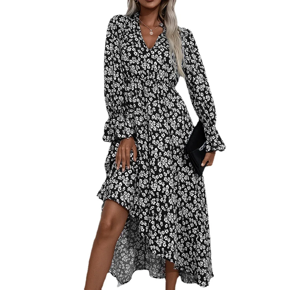 

2021 Autumn New Long-Sleeved Temperament Waist Slimming Floral Print Dress Femme Elegant V Neck Big Swing Maxi Dresses For Women