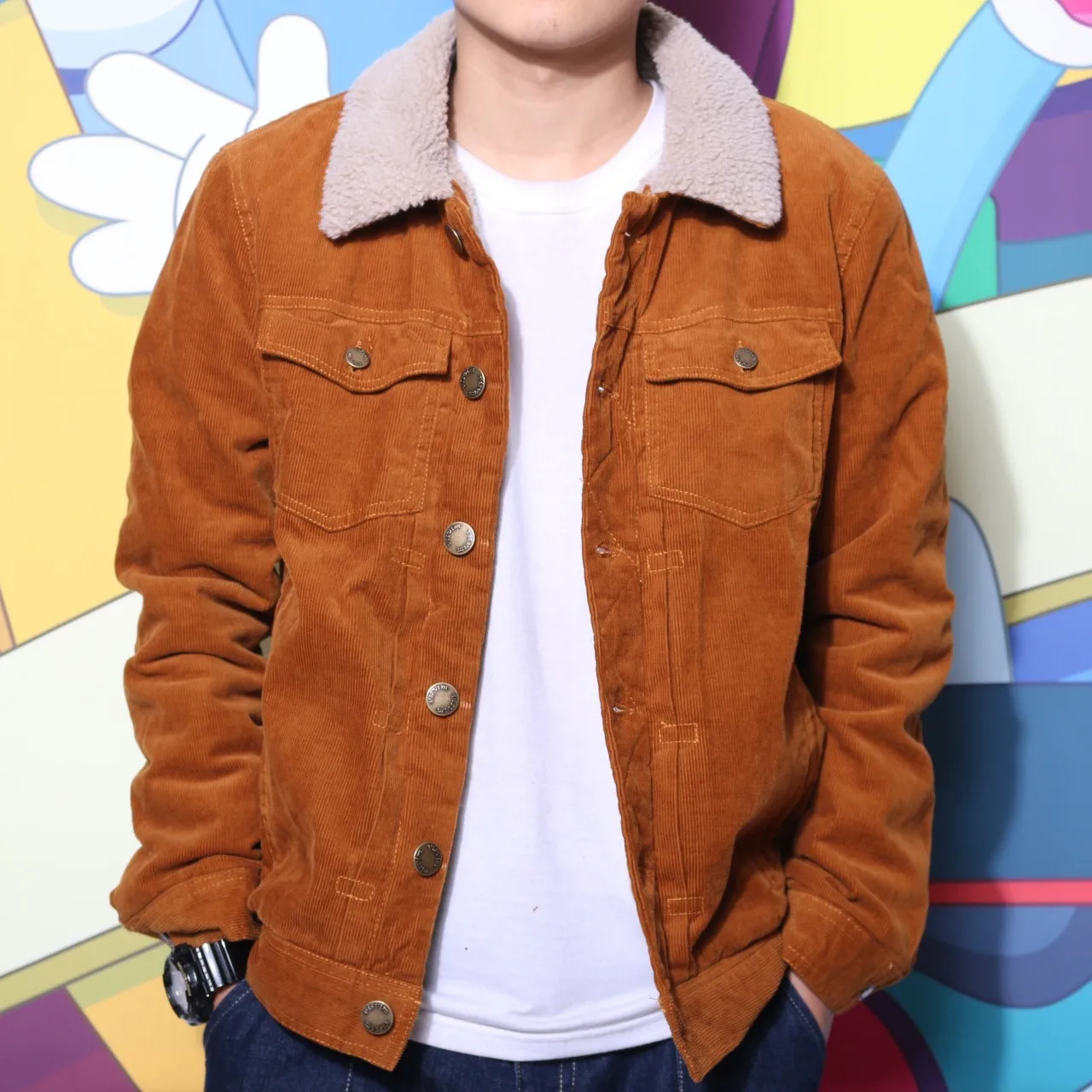 

Cool corduroy trend jacket for young men casual Lapel lamb denim jacket for men