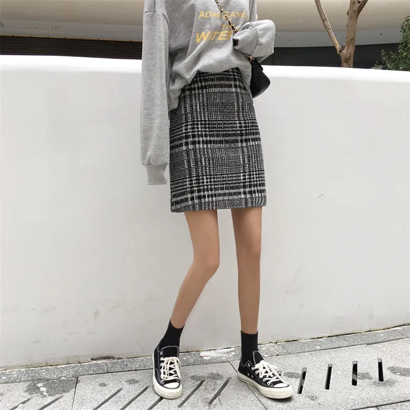 Thicken Vintage High Waist Pink Wool Autumn Winter Skirt Female Korean Sweet Mini Plaid Falda Mujer A Line School Women Skirts